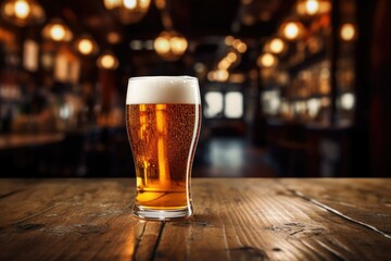 Close-up of a freshly poured glass of light beer with foam on a bar counter or wooden table, A glass of beer on a wooden table at night, A glass of beer on a Wooden table. Ai generated