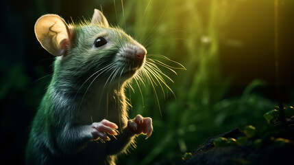 Ratte mit grünem Fell vor grünem Hintergrund. Warm angeleuchtet. Profil. Fotorealistische Illustration - obrazy, fototapety, plakaty