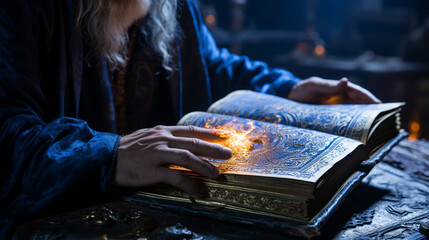 sorcerer casting magic spell using his book of shadows - obrazy, fototapety, plakaty