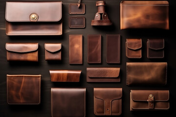 A top view photograph showcasing various leather items arranged creatively on a table, presenting a flat lay design concept - obrazy, fototapety, plakaty