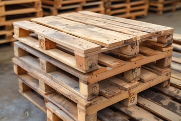 Stack of wooden pallet. Industrial wood pallet at factory warehouse.
