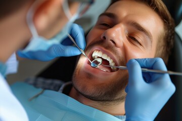 a photo of a handsome adult man client patient at a dental clinic. cleaning and repairing teeth at a dentist doctor. laying on the orthodontic dental chair - obrazy, fototapety, plakaty