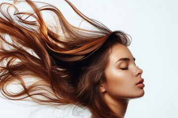 beautiful young female model woman shaking her beautiful hair in motion. ad for shampoo conditioner hair products. isolated on white background