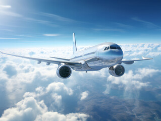 Naklejka na ściany i meble Airplane flying in the blue sky with clouds.