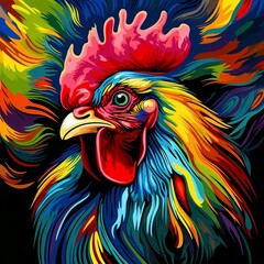 a colorful rooster with a black background