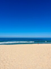 Blue seascape, sandy sea coastline, empty wild beach, pure blue sky, sea horizon