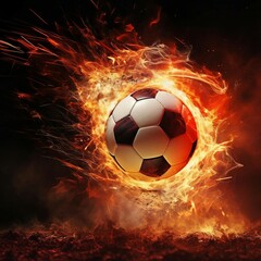 a soccer ball in the middle of a fire filled field