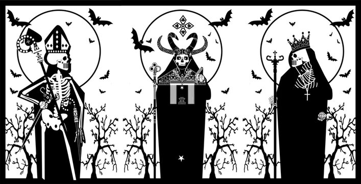 Tarot Cards poster black and white. Gothic skulls with horns and crown.   