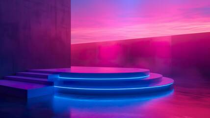 Neon podium with gaming background, mockup display stand for product presentation