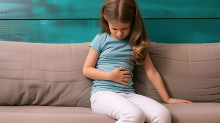 Obraz premium Caucasian little girl suffering from abdominal pain