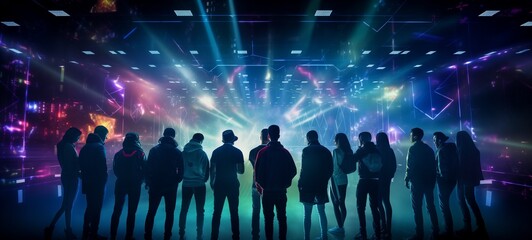 Dynamic view of young friends enjoying a futuristic nightclub, with vibrant neon lights and a spectacular holographic light show, creating an unforgettable party atmosphere.