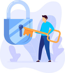 Man with oversized key approaching large lock symbolizes security access. Securing privacy concept, personal data protection illustration. Businessman holds giant golden key near padlock signifies