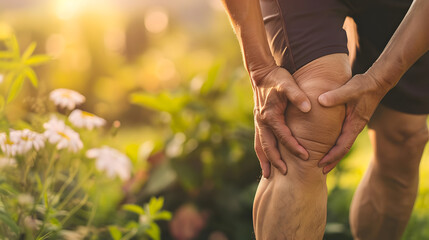 Knee joint pain in Caucasian man. Concept of osteoarthritis, rheumatoid arthritis or ligament injury - obrazy, fototapety, plakaty