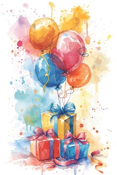 Whimsical watercolor image showcasing festive balloons and gift boxes for card designs.