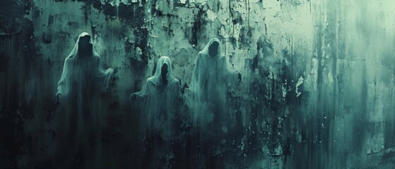 Ghostly Entities Emerge From A Fragmented Wall, Instilling Macabre Sensations Halloweenthemed Backdrop. Сoncept Haunted House Experience, Spooky Wall Decor, Ghostly Portraits, Halloween Backdrop - obrazy, fototapety, plakaty