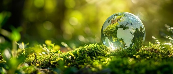 Obraz na płótnie Canvas Using A Glass Globe To Symbolize World Environment And Earth Day's Eco-Friendly Concept. Сoncept Glass Globe Photography, World Environment Symbolism, Earth Day's Eco-Friendly Concept