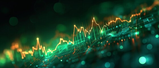 Graph Showing Upward Trend In Stock Market With Green Background And Rising Prices. Сoncept Green Background, Rising Prices, Upward Trend, Stock Market Graph - obrazy, fototapety, plakaty