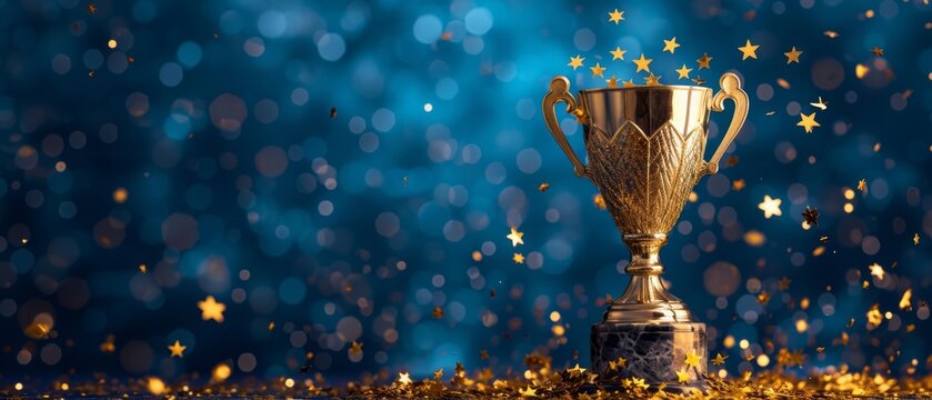 Golden Trophy With Gold Stars On Blue Background Symbolizes Ai Success. Сoncept Ai Innovations, Success In Artificial Intelligence, Achievements In Ai, Golden Trophy In Blue Background