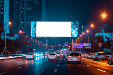 a big white billboard in the city at night