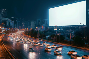 a big white billboard in the city at night