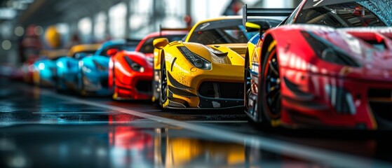 Highspeed Race Cars Lined Up On A Grid, Ready To Compete. Сoncept Ocean Sunset, Mountain Hiking, Urban Street Art, Sports Action Shots - obrazy, fototapety, plakaty