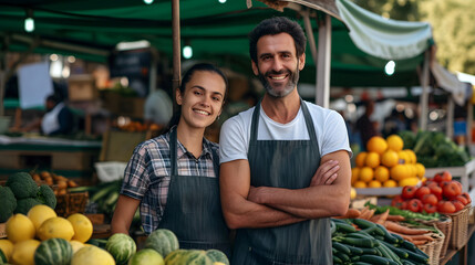Happy caucasian couple at vegetables and fruits shop in the bazaar