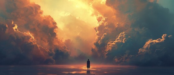 Fototapeta premium Lonely Figure Gazes At Heavenly Clouds In A Serene, Surreal Landscape. Сoncept Dreamy Sunset Over The Ocean, Majestic Mountains And Forests, Urban Architecture And Cityscapes, Vibrant Street Art
