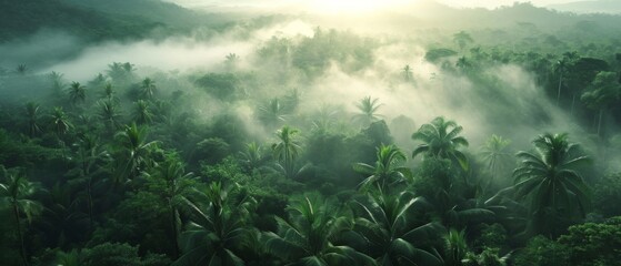 Misty Rainforest Scene Symbolizes Environmental Preservation, Climate Action, And Sustainable Power Sources. Сoncept Climate Action Campaign, Sustainable Power Sources, Environmental Preservation