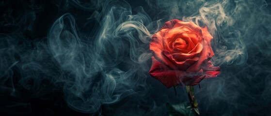 Enigmatic Red Rose: Embraced By Twirling Smoke Amidst The Shadows. Сoncept Ethereal Forest, Sun-Kissed Beach, Urban Skylines, Rustic Countryside, Vibrant Cityscape