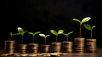 Fototapeta na wymiar Growing money seedlings sprout on coin stacks illustrating the concept of financial growth,, Business growth with a growing tree on a coin. Showing financial developments. Financial planning concep