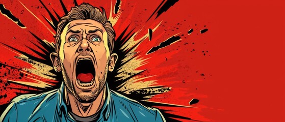 Panicked Man Screams In Fear In Comicstyle Vector Poster Design. Сoncept Comic Book-Inspired Vector Art, Panicked Man, Fearful Screams, Poster Design - obrazy, fototapety, plakaty
