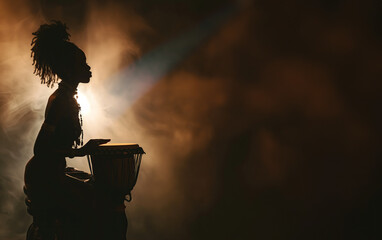 Black african girl silhouette in spot lights and stage smoke playing bongo drums at live music concert with copy space - obrazy, fototapety, plakaty