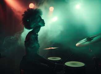 Black african woman silhouette in green spot lights and stage smoke playing bongo drums at live music concert with copy space