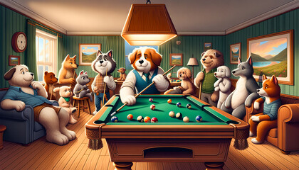 Animated anthropomorphic dogs playing pool in a cozy, vintage room, evoking a friendly and playful atmosphere.Playing animals concept. AI generated. - obrazy, fototapety, plakaty