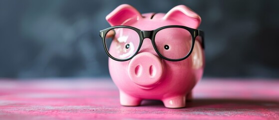 Savings And Investments Illustrated By A Pink Piggy Bank Wearing Glasses. Сoncept Financial Literacy, Money Management Tips, Investing Strategies, Budgeting Basics, Entrepreneurship Insights - obrazy, fototapety, plakaty