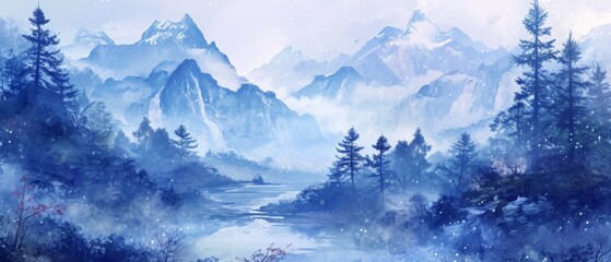 Serene Blue Mountain Landscape With Oriental Touch Watercolor Brush Texture. Сoncept Nature In Abstract, Vibrant Cityscapes, Whimsical Fairy Tales, Dynamic Sports Moments, Cozy Home Interiors