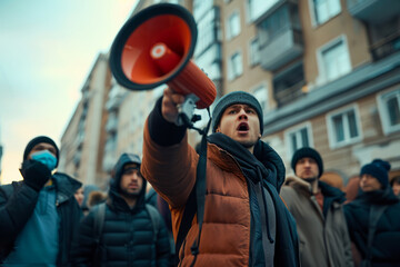 Man protesting with megaphone during strike with group of demonstrators in city street. Workers protesting against tax increases, changes in law, reduction of jobs and salaries