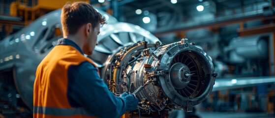 Engineer Observes Closely As Skilled Technician Repairs Turbine In Aircraft Workshop. Сoncept Aircraft Maintenance, Turbine Repair, Skilled Technicians, Engineer Observations