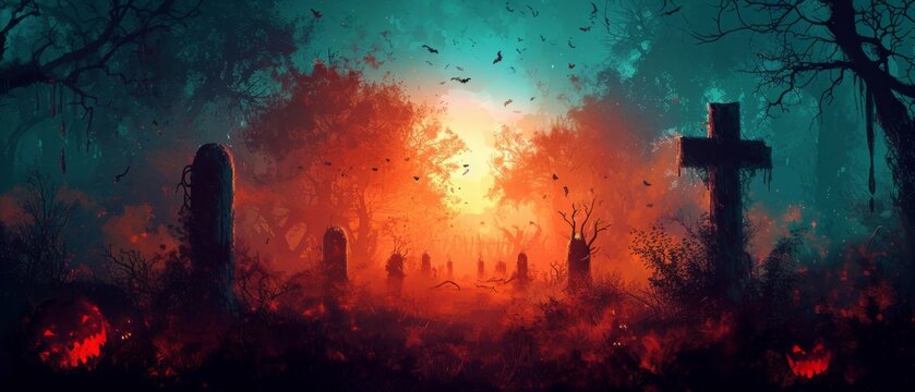 Eerie Halloween Background With Day Of The Dead Elements Creates Sinister Atmosphere. Сoncept Haunted House, Ghostly Figures, Creepy Jack-O'-Lanterns, Spooky Night Sky