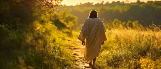 Jesus Serenely Walking Alone On An Ancient Outdoor Path. Сoncept Sunset Beach Picnic, Family Reunion, Summer Garden Party, Hiking Adventure, Fall Fashion Shoot - obrazy, fototapety, plakaty