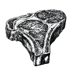 Hand drawn illustration of a T-bone beef steak, black and white ink drawing, black and white vector art isolated on white background