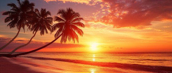 Fototapeta na wymiar Breathtaking Palm Tree Silhouettes Set Against A Spectacular Tropical Sunset Beach Scene, Perfect For Summer Escapes. Сoncept Nature's Beauty, Relaxation And Tranquility, Serene Landscapes