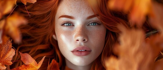 Stunning Redhead Model Symbolizing The Beauty Of Autumn, Against A Backdrop - obrazy, fototapety, plakaty