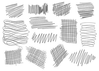 Hand drawn scribbles set. Black pencil curly lines, drawing squiggles, curvature strokes. Scrawl textured elements isolated on white background. vector illustration.
