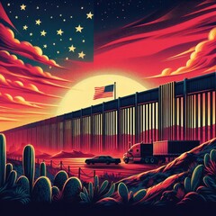 Illustration of the US border wall. - obrazy, fototapety, plakaty
