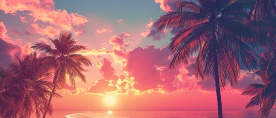 Tropical Skyline Adorned With Palm Trees, Kissed By The Suns Embrace. Сoncept Dreamy Sunset Beach, Vibrant Exotic Flora, Tropical Paradise Escape, Sun-Kissed Island Life