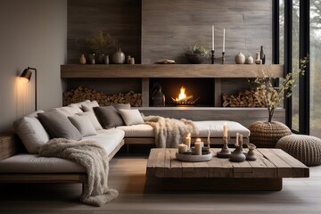 Cozy den with a warm fireplace, inviting sofa bed, and stylish coffee table in an interior designed living room - obrazy, fototapety, plakaty