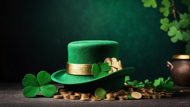 Leprechaun Hat with Gold Coins and Shamrocks on Dark Background - St. Patrick's Day Theme
