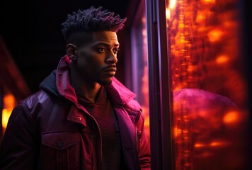 Obraz premium A solitary man, adorned in a maroon jacket, stands against the dark backdrop of a window, his human face reflecting the anticipation and excitement of a concert