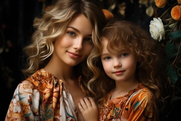 A mother's love captured in a portrait as she adorns her daughter with a rose, radiating joy and grace in their matching dresses, against a backdrop of both nature and home